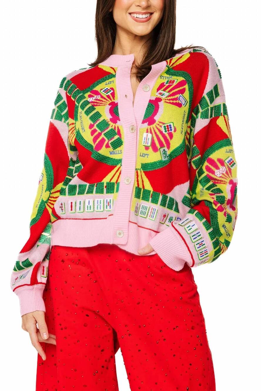 NEW QUEEN OF SPARKLES mahjong button up cardigan in light pink multi